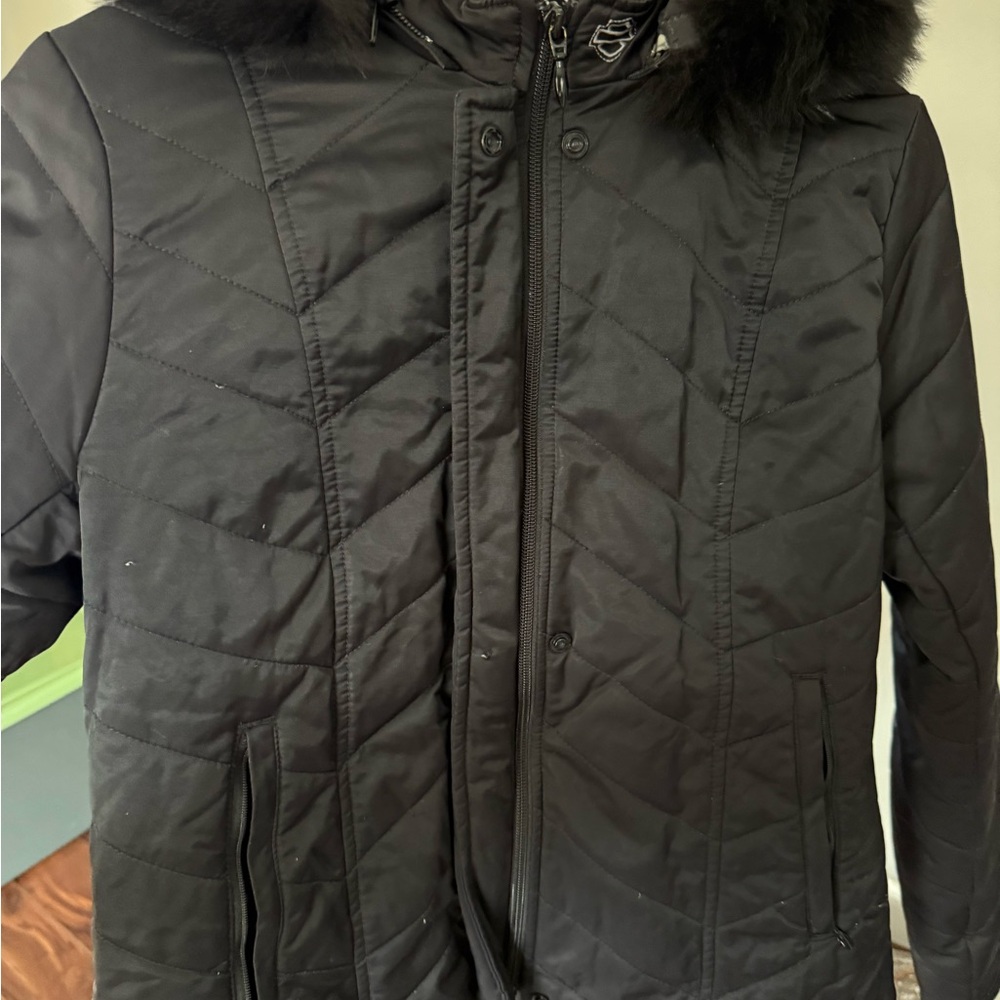 Harley Davidson Ladies Black Hooded Quilted Zippered Jacket.
